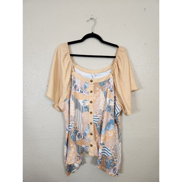 Cato‎ Patchwork Button Detail Pullover Peasant Square Neck Blouse Size 26/28W - Picture 1 of 6